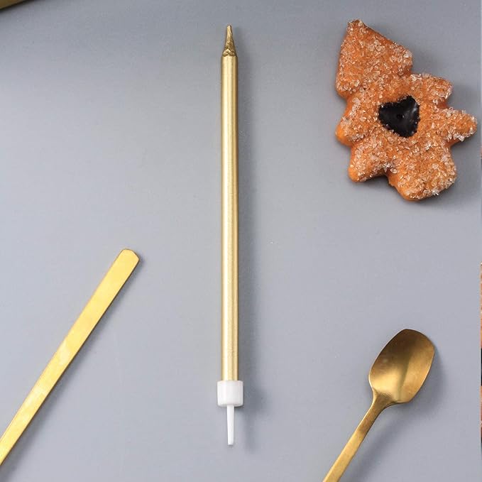 Long Thin Gold Birthday Candles for Cake Cupcake Candle for Birthday Party Wedding Decorations, Jumochi (24 Count, Gold)