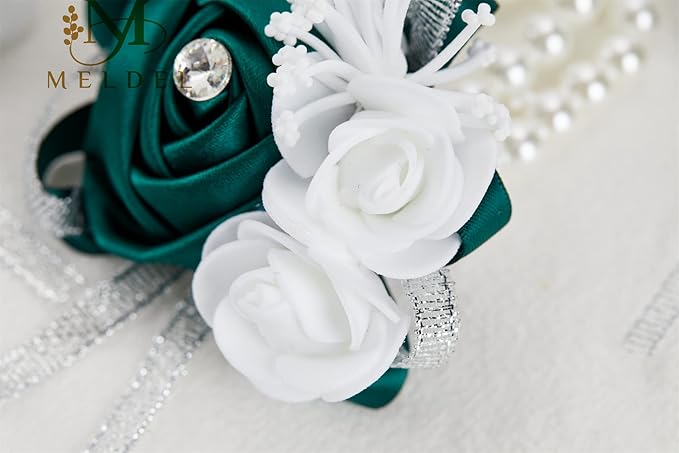 Meldel Wrist Corsages for Wedding, 4PCS Green Rose Wrist Corsage Bridal Bridesmaid, Artificial Corsage for Wedding Mother of Bride and Groom