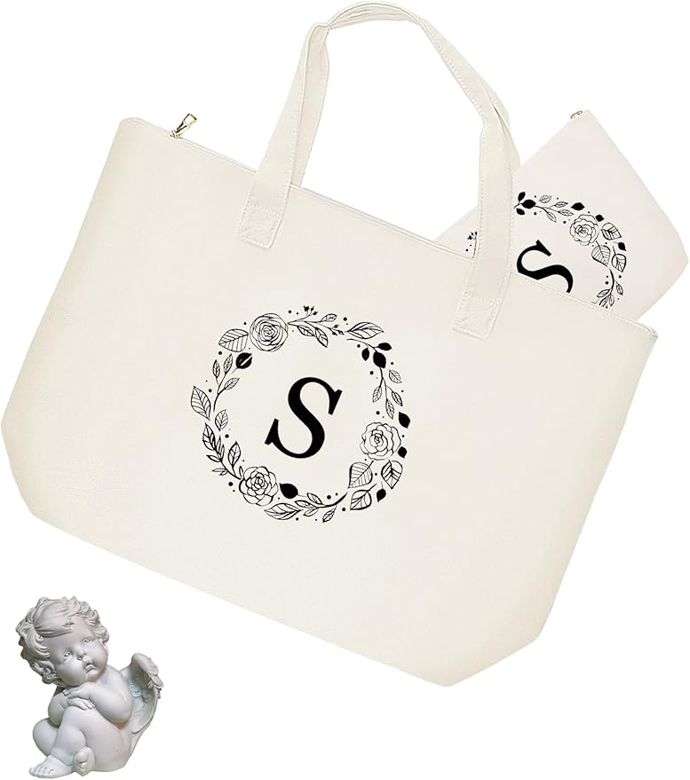 Personalized Initial Canvas Tote Bag with Zipper, Present Bag with Inner Pocket & Make Up Bag, Great Gifts for Women, Mom, Teachers, Friends, Bridesmaids