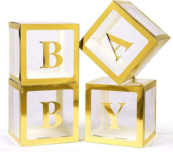 Baby Boxes with Letters for Baby Shower, 4 Transparent Balloon Boxes with Letters for Gender Reveal Birthday Wedding Baby Shower Decorations (Gold)