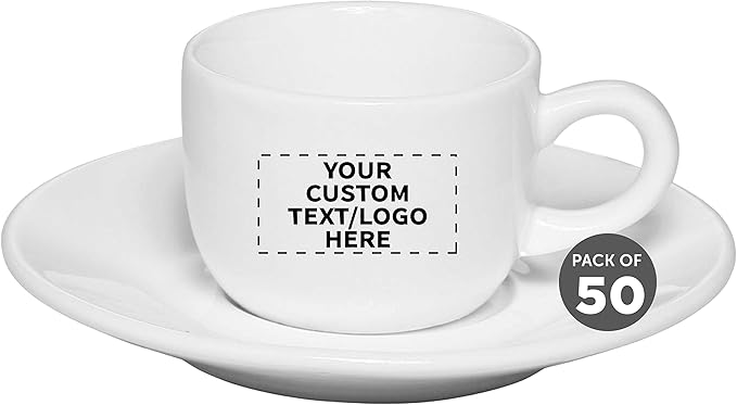 Custom Porcelain Espresso Cups with Saucer 2.5 oz. Set of 50, Personalized Bulk Pack - Perfect for Coffee, Tea, Espresso, Hot Cocoa, Other Beverages - White