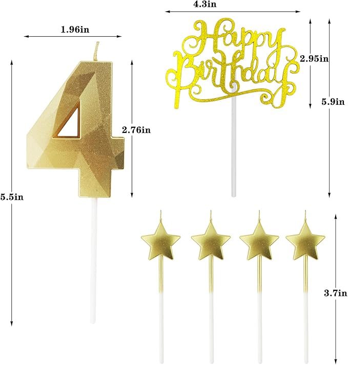 Golden Number 14 Birthday Candles and Star Birthday Candles 2.76 inch Birthday Cake Candles 3D Diamond Shaped Candles are Suitable for Birthday Parties and Anniversary Cake Decorations Candles