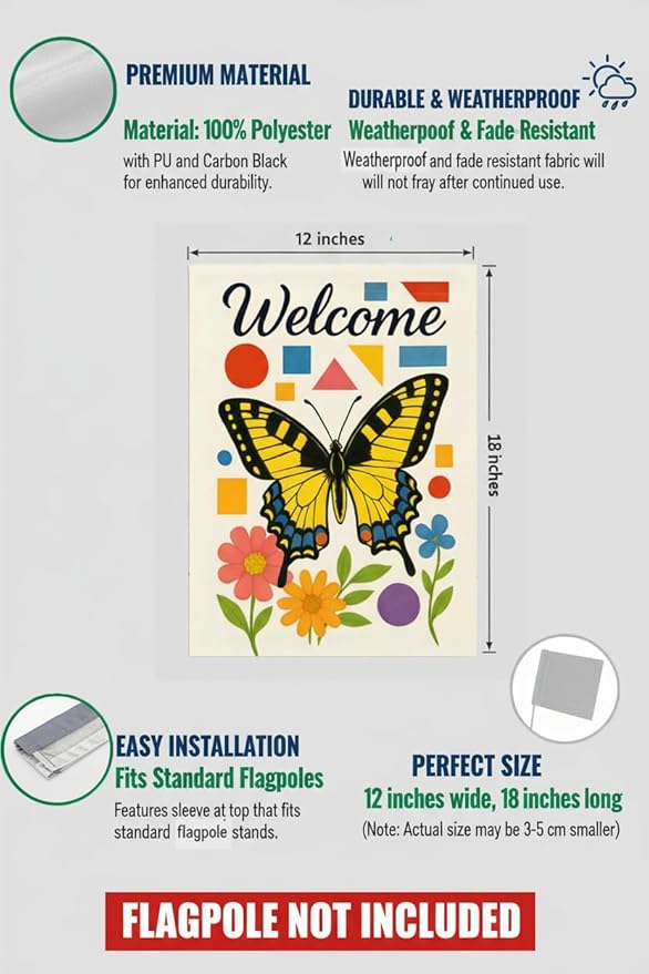 FLAGMEUP8386 Welcome Butterfly Garden Flag 12x18 Inch Double-Sided Polyester Yard Banner with Swallowtail and Geometric Flowers, Outdoor Decoration for Late Summer and Fall