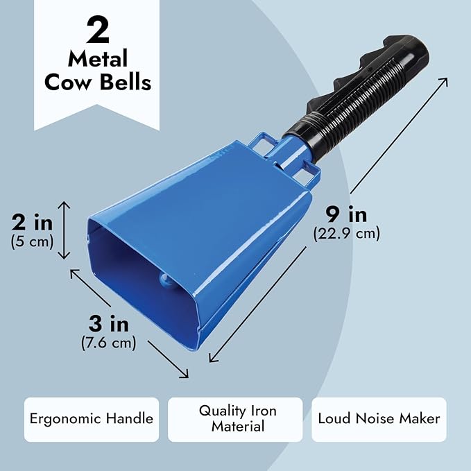 BLUE PANDA Cowbell Noise Maker - 9-Inch, Royal Blue, Pack of 2 - Metal Cowbell Instrument with Ergonomic Handle - Cheering Bell for Stadium Cheers & Celebratory Noise Maker