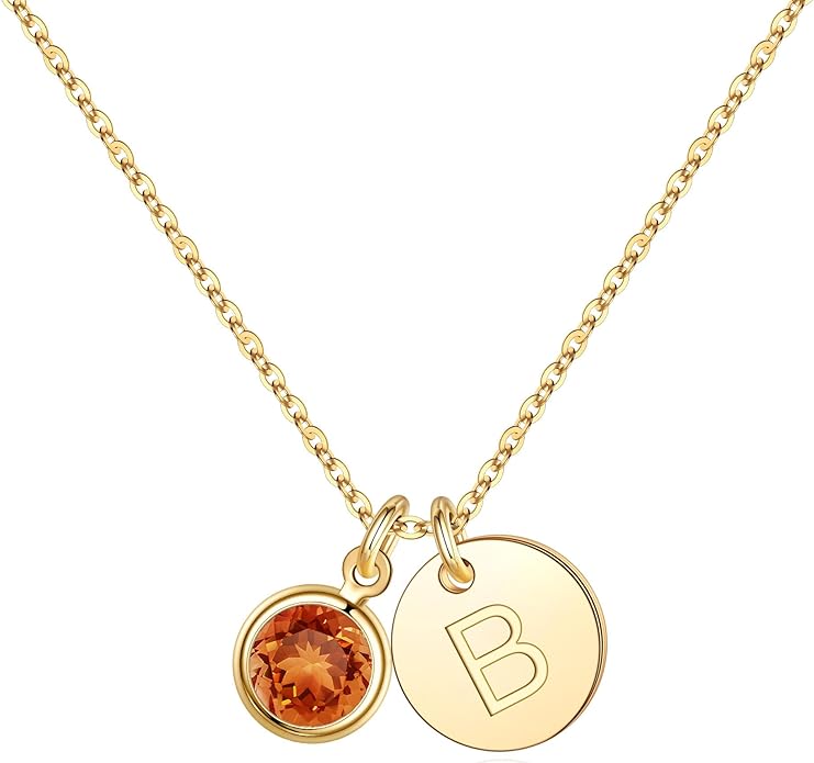 Hidepoo Initial Birthstone Necklace for Girl Women - 14K Gold Plated Disc Letter Necklace Personalized Gifts Jewelry Birthstone Initial Necklaces Birthday Gift for Female Teens Mom