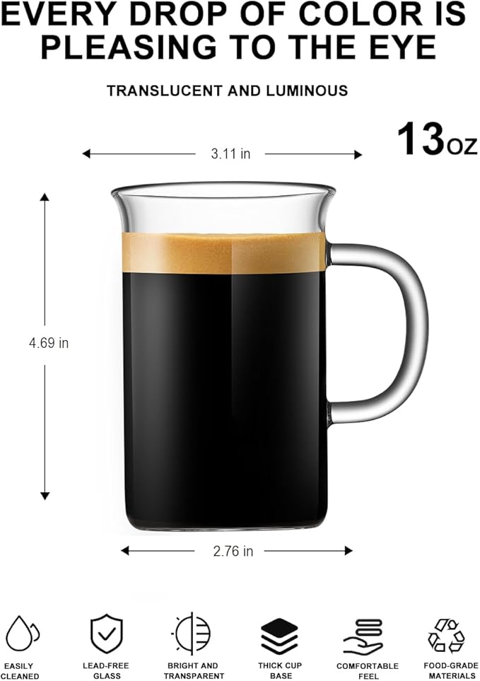 LUXU Glass Coffee Tea Cups(Set of 4)-13 oz,Clear Glass Mugs,Tall Drinking Glasses for Cappuccino,Latte,Espresso,Lead-free Drinking Glasses Great for Juice,Water,Beer,Milk Hot And Cold Drinks