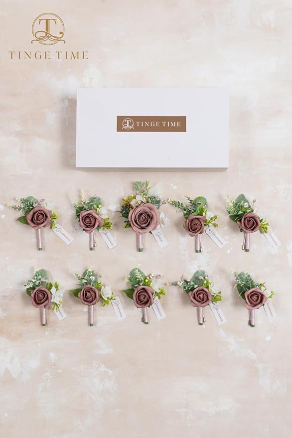 TINGE TIME Boutonniere for Men Wedding,Groom and Best Man Boutonniere for Wedding Ceremony Anniversary, Formal Dinner Party and Rustic Spring Marriage (10, DustyRose&Champagne)