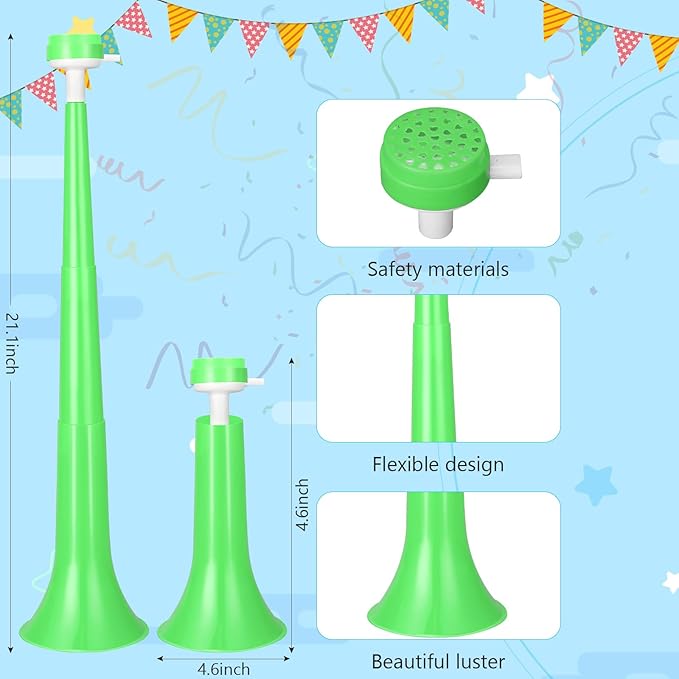 6 Pcs Stadium Horn for Adult, 21 Inch Vuvuzela Plastic Collapsible Cheering Trumpets for Sporting Events Football Carnival St Patricks Day Party, Green