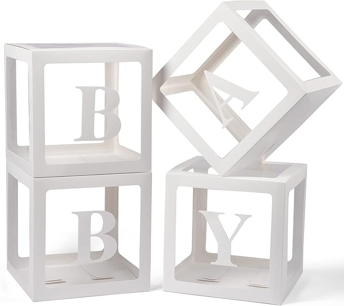 Baby Boxes with Letters, 4 Transparent Balloon for Gender Reveal Birthday Wedding Baby Shower Decorations (White)