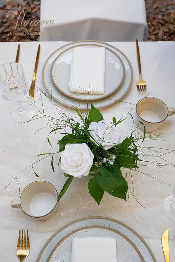 Floroom Artificial Flowers 25pcs Real Looking White Foam Fake Roses with Stems for DIY Wedding Bouquets Bridal Shower Centerpieces Floral Arrangements Party Tables Home Decorations
