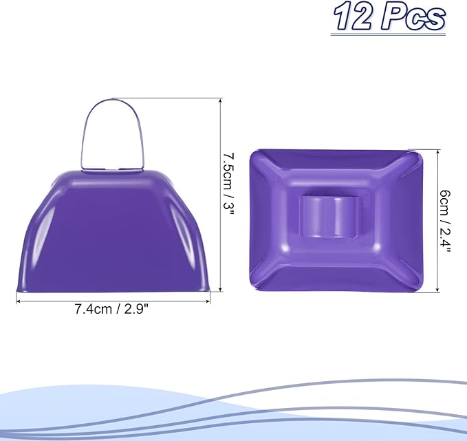 PATIKIL 12pcs Cow Bells for Football Games,3in Cowbells for Sporting Events Bulk Loud Noise Makers Metal Cow Bell with Handle for Cheering Competition Marathon Wedding, Blue Purple