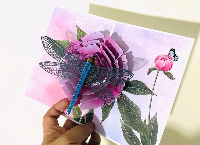 ETA 3D Flower Birthday Pop up Card, 3d Peony and Dragonfly Card for Girlfriend, Wife, Mum, Grandma, Teacher's Day, Mother Day, Anniversary, Thinking of You, Thank you, F08