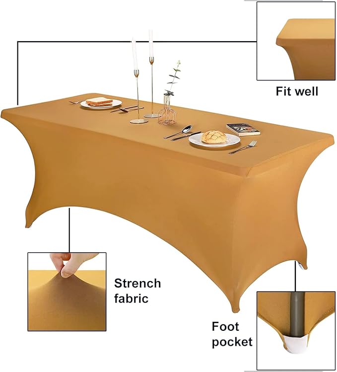 FORLIFE 2Pack Spandex Table Covers，Fitted Tablecloth for Rectangular Tables, Stretch Patio Table Covers, Universal Spandex Table Cover for Wedding, Banquet, Party (8ft, Gold)