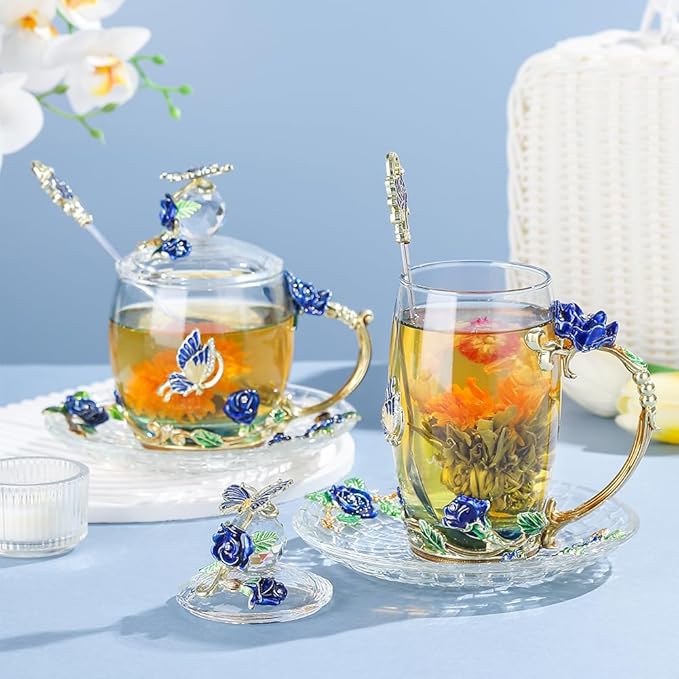 Glass Coffee Mug Birthday Christmas Gift for Women Mom Sister Girlfriend Coworker Flower Butterfly Tea Cup Antique Coffee Mug with Lid Spoon Saucer(Tall Blue)