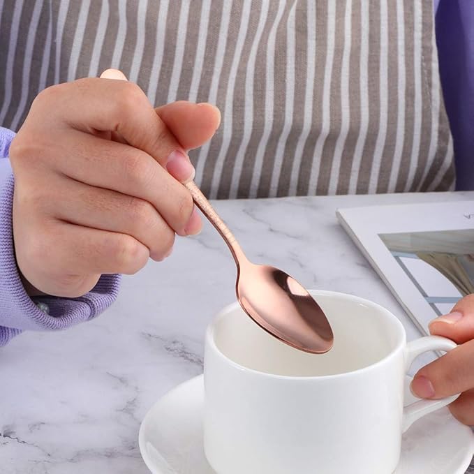 Rose Gold Unique Pattern Design Coffee Espresso Spoons Mini, Mingcheng Stainless Steel Small Teaspoons Silverware Set of 12, BISDARUN 5.5 Inches Food Spoons for Demitasse Dessert Tea