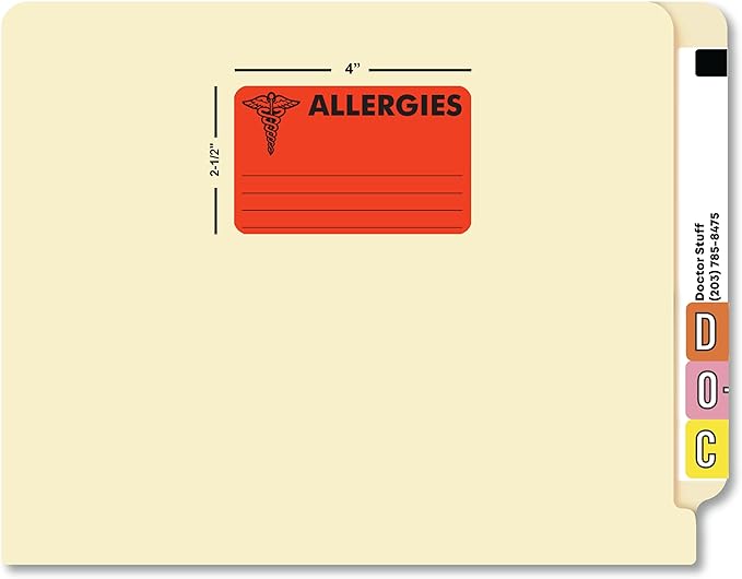 Allergies Chart Label 4” x 2-1/2” Fluorescent Red Doctor Stuff Permanent Adhesive Alert Sticker with Caduceus Icon 100 Labels/Box