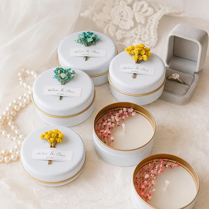 Personalized Natural Soy Wax Wedding Favor Candle Gift Set for Guest - Fall Winter Christmas Custom Dried Flower Bridal Baby Shower Gifts in Bulk (Blue Flower, 90 Pieces)