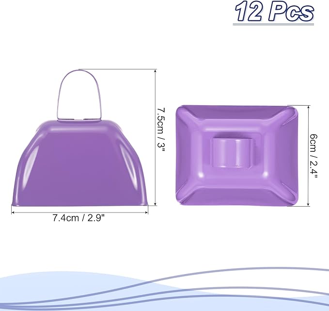 PATIKIL 12pcs Cow Bells for Football Games, 3inch Cowbells for Sporting Events Bulk Loud Noise Makers Metal Cow Bell with Handle for Cheering,Light Purple