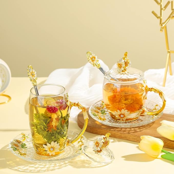 Gift for Women Christmas Birthday Mother's Day Glass Tea Cup with Lid Cute Coffee Mug Daisy Flower Vintage (11oz YellowDaisy)