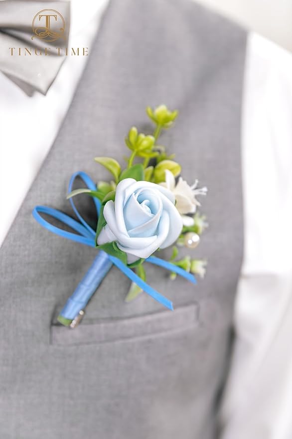 TINGE TIME Boutonniere for Men Wedding,Groom and Best Man Boutonniere for Wedding Ceremony Anniversary, Formal Dinner Party and Rustic Summer Weddings Marriage (Provence Blue)