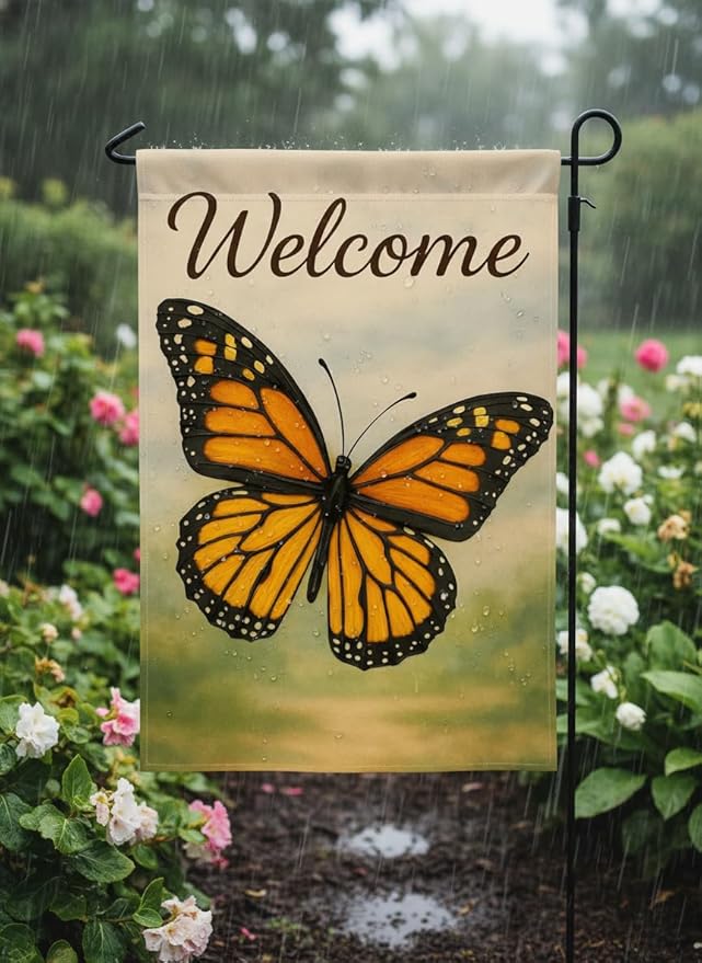 FLAGMEUP8386 Welcome Monarch Butterfly Garden Flag 12x18 Inch Double-Sided Polyester Yard Banner with Bright Wings, Outdoor Decorative Flag for Garden, Patio, Porch, Families, Seasonal Celebrations