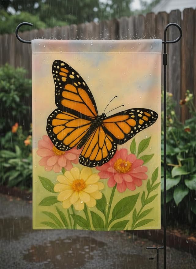 FLAGMEUP8386 Welcome Monarch Butterfly Garden Flag 12x18 Inch Double-Sided Polyester Yard Banner with Flowers, Outdoor Spring Summer Decoration for Porch, Patio, Lawn, Gardeners, Nature Lovers