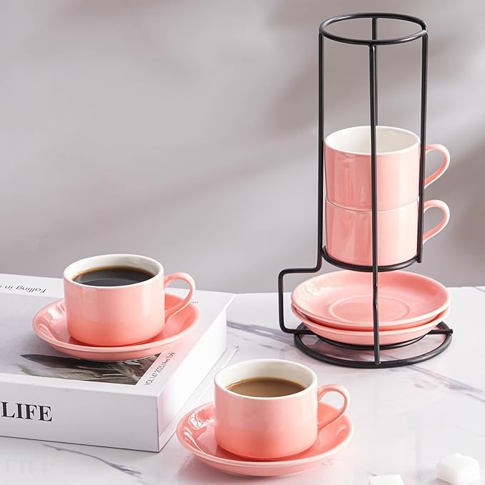 2.5oz Espresso Cups Set of 4, Porcelain Stackable Espresso Cups with Saucers and Metal Stand Set, Pink Expresso Shots Cup Set for Cappuccino, Coffee Drinks, Latte, Tea