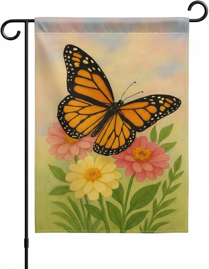 FLAGMEUP8386 Welcome Monarch Butterfly Garden Flag 12x18 Inch Double-Sided Polyester Yard Banner with Flowers, Outdoor Spring Summer Decoration for Porch, Patio, Lawn, Gardeners, Nature Lovers