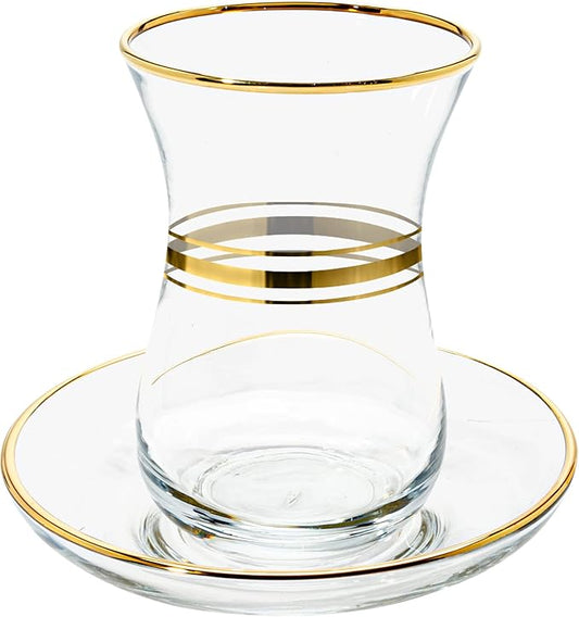 Vikko Turkish Tea Glasses & Saucers, 4 Oz Authentic Turkish Tea Cups,Set of 6 Clear Glass Tea Cups And Saucers, Gold Accented Turkish Tea Cup Set, 6 Cups and 6 Plates