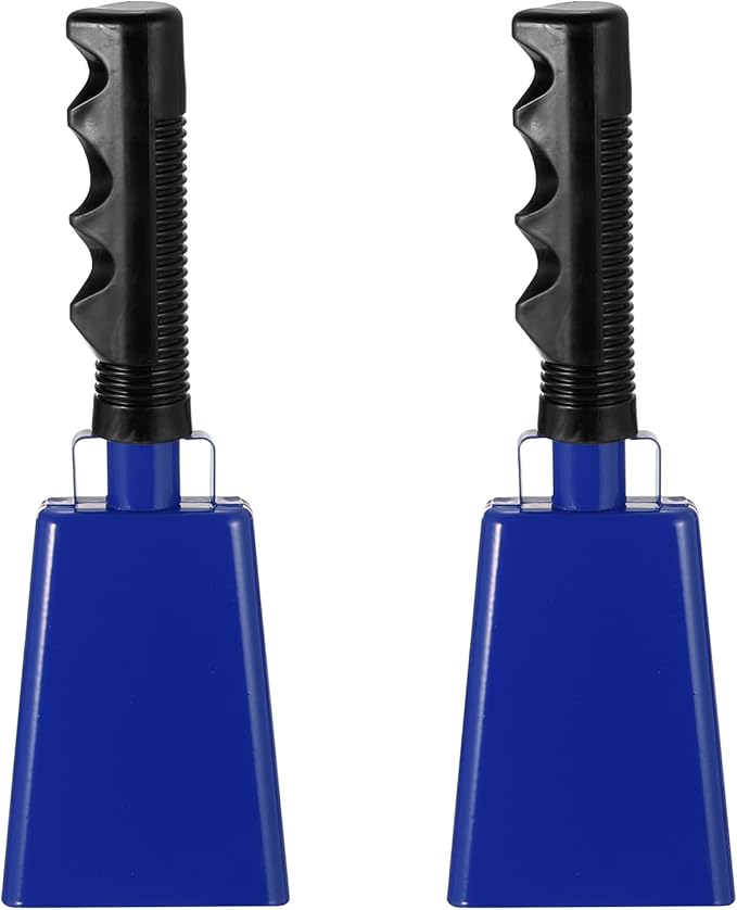 PATIKIL 9inch Cow Bells for Football Games, 2pcs Cowbells for Sporting Events Bulk Loud Noise Makers Metal Cow Bell with Handle for Cheering Competition Marathon Wedding DIY Paint, Blue