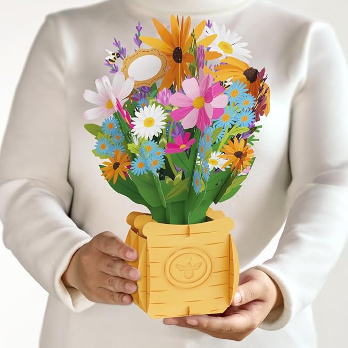 Lovepop Everyday Pop-Up Paper Flower Bouquet for Her and Him - 3D Greeting Cards for Boys, Girls, Men, Women - 12" Bee-u-tiful Blooms Bouquet - Blank Notecard Included