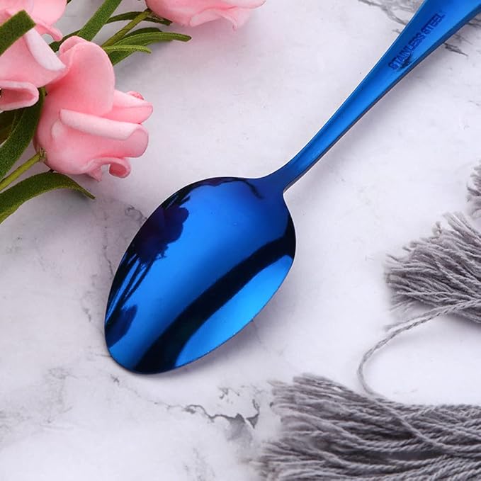 Blue Unique Pattern Design Coffee Espresso Spoons Mini, Mingcheng Stainless Steel Small Teaspoons Silverware Set of 12, BISDARUN 5.5 Inches Food Spoons for Demitasse Dessert Tea