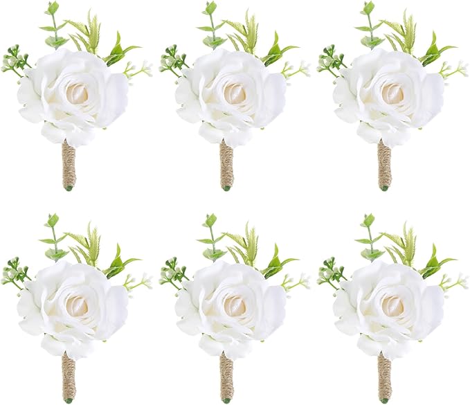 Corsage and Boutonniere Set,6Pcs Wedding Boutonniere for Men and Women, White Rose Boutonnieres for Wedding Ceremony, Prom, Anniversary, Formal Events