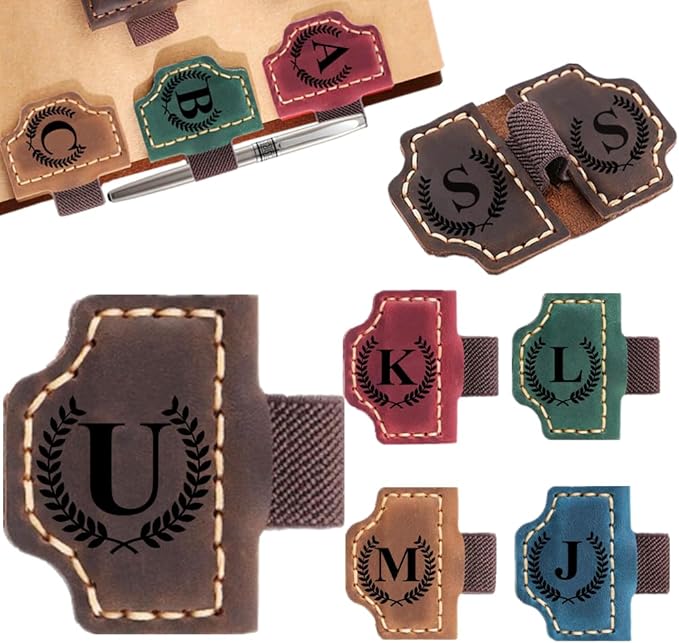 Custom Bookmark with Pen Holder with 26 Letters Personalized Magnetic Leather Book Mark, Customized Name Book Marker Clip with Initial for Men Women, Gifts for Book Lovers, Readers, (Coffee, U)