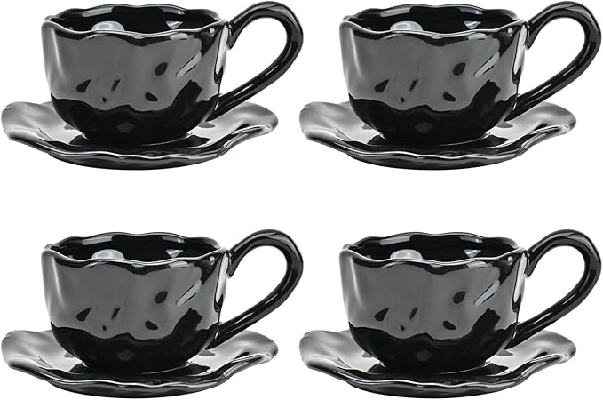 Ceramic Espresso Cups with Saucers 6 oz,Coffe Cups for Cappuccino,Latte,Tea with Saucers Set of 4 - Flods - Black