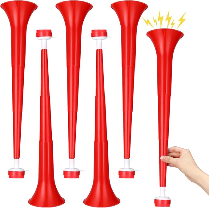 6 Pcs Stadium Horn for Adult, 21 Inch Vuvuzela Plastic Collapsible Cheering Trumpets for Sporting Events Football Carnival Party, Red