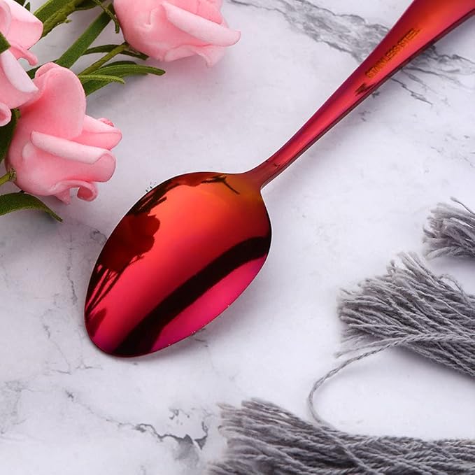 Rainbow Red Unique Pattern Design Coffee Espresso Spoons Mini, Mingcheng Stainless Steel Small Teaspoons Silverware Set of 12, BISDARUN 5.5 Inches Food Spoons for Demitasse Dessert Tea