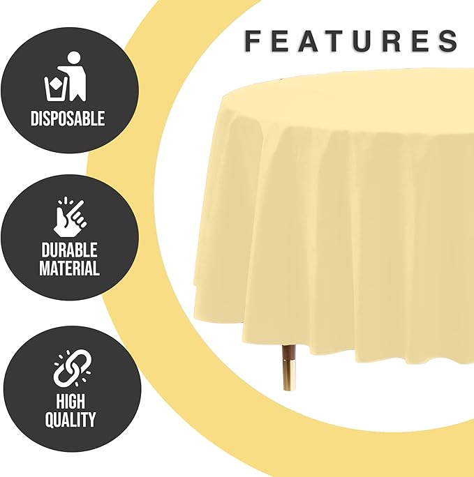 Exquisite 66% Thicker Premium Light Yellow Round Tablecloth 0.5 Mil 6 Pack Plastic Table Cloth Disposable 84 Inch Round Plastic Tablecloth Won't Tear Easily Like Cheap Thin Brands