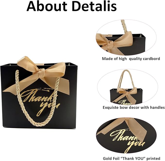 TKSBAG 100 Pack Small Thank You Gift Bags with Handles, 5.5''x 2.5''x4.7'' Mini Black Gift Bags Bulk for Baby Shower, Birthday, Wedding, Party Favors