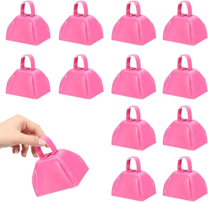 3Inch Cowbells for Sporting Events,12Pcs Metal Cow Bells Bulk Loud Noise Makers Cow Bell with Handle for Cheering Football Games Spirit Marathon Weddings Party Noisemakers, Pink