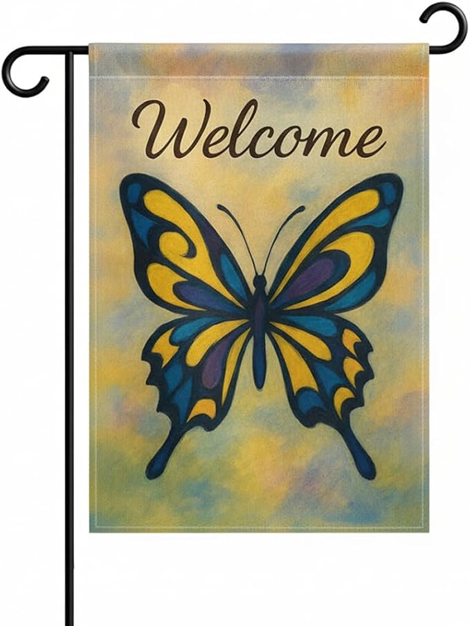 FLAGMEUP8386 Welcome Butterfly Garden Flag 12x18 Inch Double-Sided Polyester Yard Banner with Swallowtail Artistic Blue & Yellow Design, Outdoor Décor for Fall Gardens Seasonal Greetings