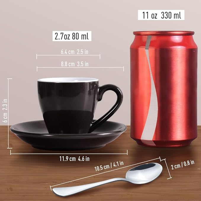homEdge Porcelain Espresso Shot Cup Set with Saucers and Stainless Steel Spoons - 80 ml / 2.67 oz, Set of 4, Black