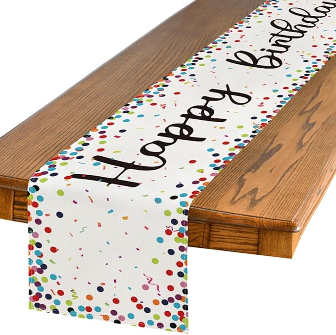 Artoid Mode Polka Dot Beige Happy Birthday Table Runner, Seasonal Kitchen Dining Table Decoration for Home Party Decor 13x60 Inch