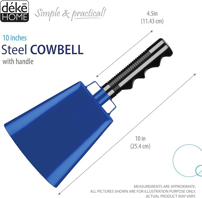 Deke Home - 2 Pack 10 Inch Steel Cowbells with Handle, Loud Noise Makers for Football, Sports, Parties, Competitions, School Spirit & Safety, Large Hand Bell for Cheering & Percussion Instrument