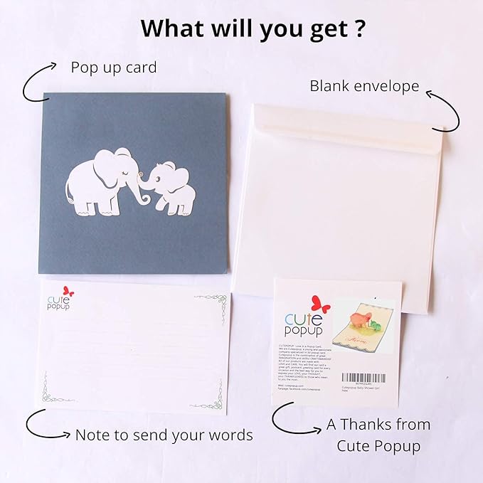 CUTE POPUP - Adorable Elephants Baby & Mom Mother's Day 3D Popup Card Thinking of You Surpring Present for Mom, Woman, or Someone You Love