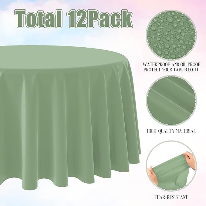 6Pack Sage Green Plastic Tablecloths Round Light Green Tablecloth Waterproof Disposable Round Sage Table Cover for Birthday Bridal Wedding Baby Shower Party Decorations,84Inch