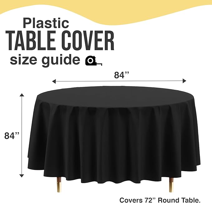 Exquisite 66% Thicker Premium Black Round Tablecloth 0.5 Mil 12 Pack Plastic Table Cloth Disposable 84 Inch Round Plastic Tablecloth Won't Tear Easily Like Cheap Thin Brands