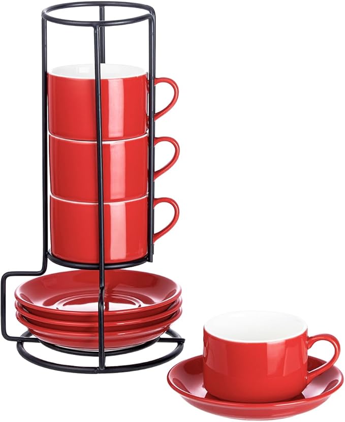 2.5oz Espresso Cups Set of 4, Porcelain Stackable Espresso Cups with Saucers and Metal Stand Set, Red Expresso Shots Cup Set for Cappuccino, Coffee Drinks, Latte, Tea