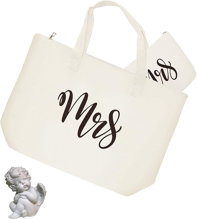 Mrs Canvas Tote Bag with Zipper, Bride Gifts for Bachelorette Party, Engagement, Wedding, Bridal Shower