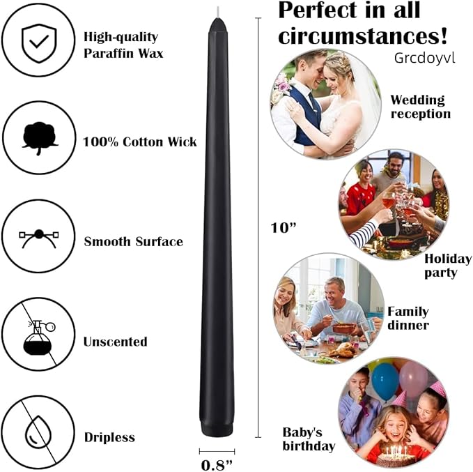 14 Unscented Black Taper Candle,10 inch Tall and 3/4 inch Thick,7.5 hrs Clean Burning,Dripless Candles for Weddings, Prayers, Festivals, Churches